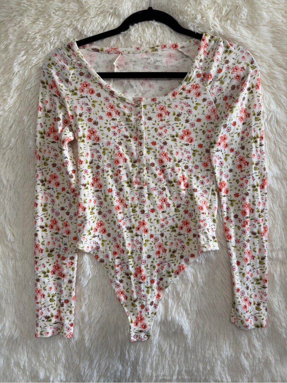 Aerie Womens Floral Ribbed Henley Thong Bodysuit Size M Long Sleeve Cottagecore